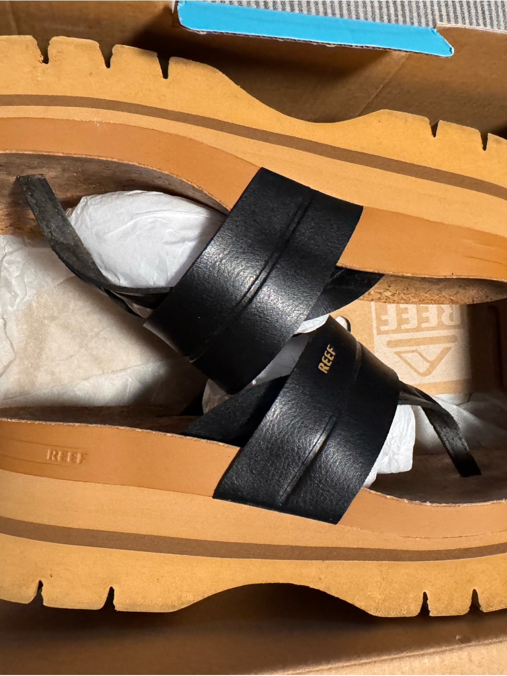 Reef Black Strappy Platform Sandals with Tan Sole